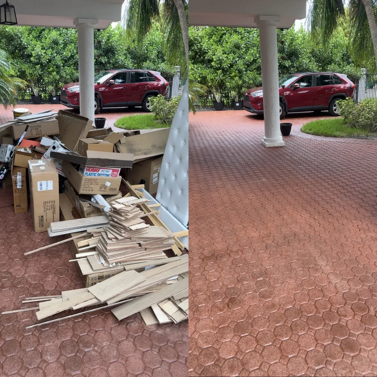 Before and after removal of flooring, wood and boxes from a covered driveway