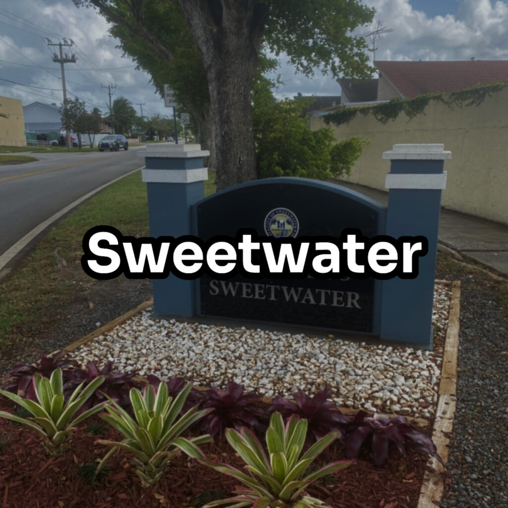 The official sign of welcome to Sweetwater located in Sweetwater, FL.